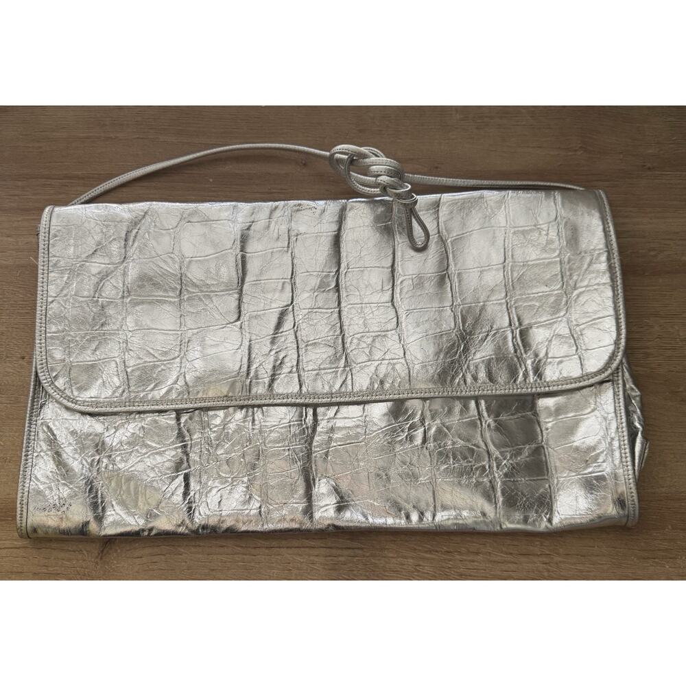 VTG CARLOS FALCHI Silver Alligator Crocodile Extra Large Clutch Purse Bag 90s 80